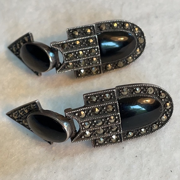 VTG Art Deco onyx and marcasite sterling articulated earrings pierced 2” - Picture 8 of 11
